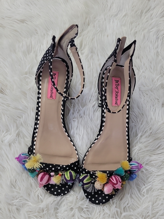 Betsey Johnson Shoes - Betsey Johnson Black Polka Dot Pom-Pom Ankle Strap Heels
